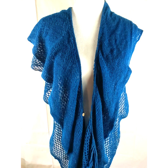 Dark Turquoise Neck Scarf Button Crochet Open Weave Fringe No Tags - Picture 2 of 7